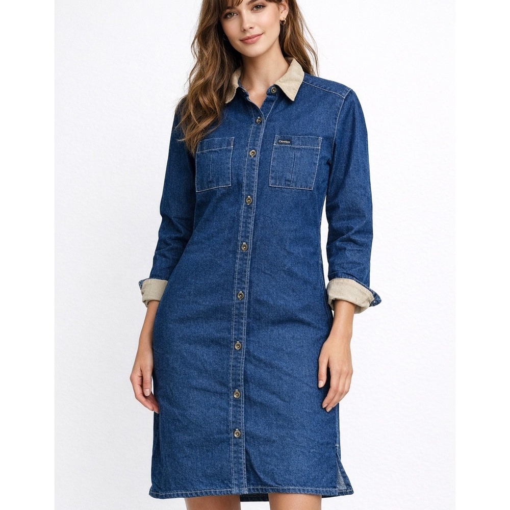 Vintage 80s Calvin Klein Blue Denim Shirt Dress Womens M Corduroy Collar Western